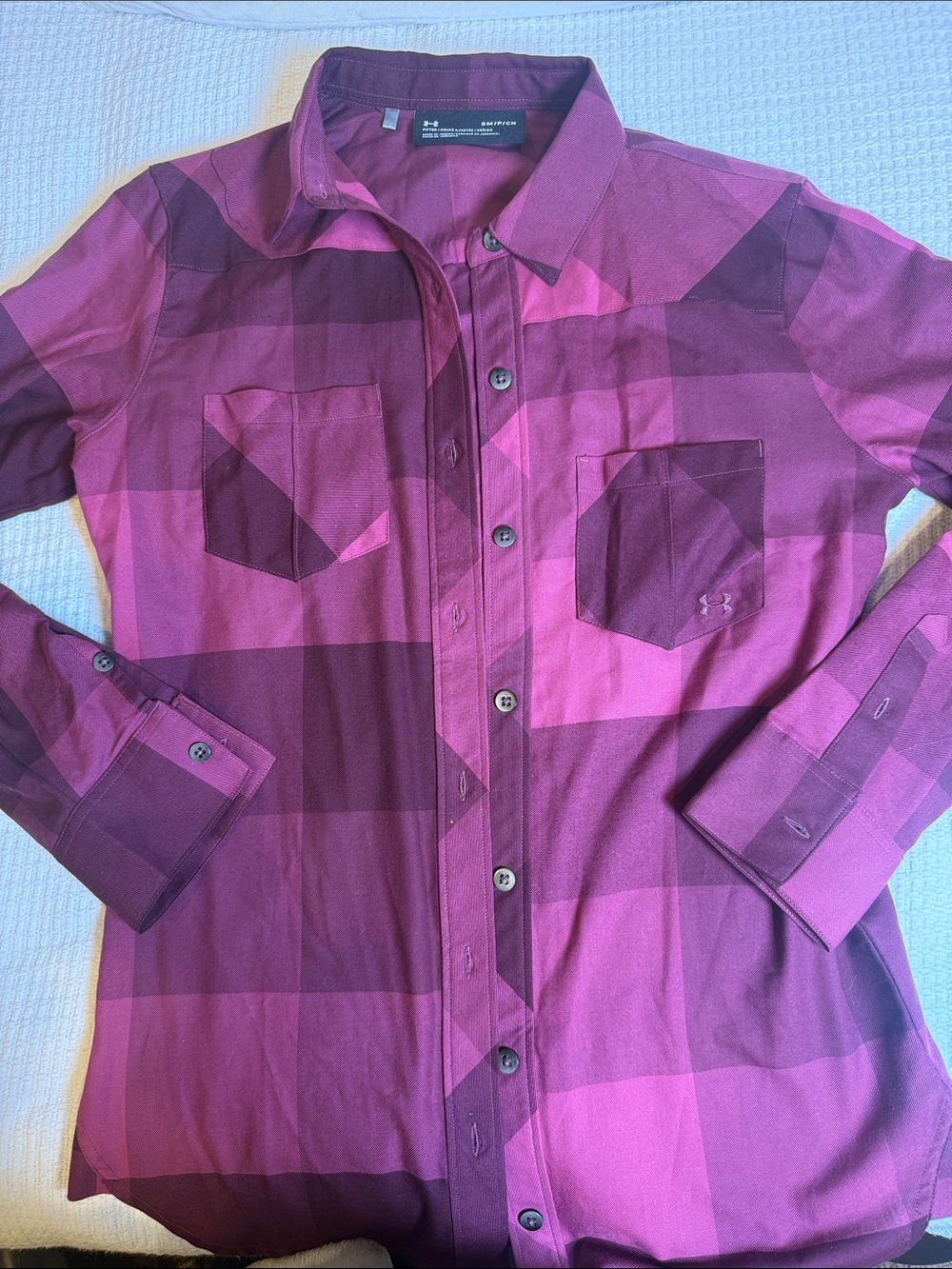 Under Armour Womens Small Fitted Purple Checker Long Sleeve Full Button Shirt